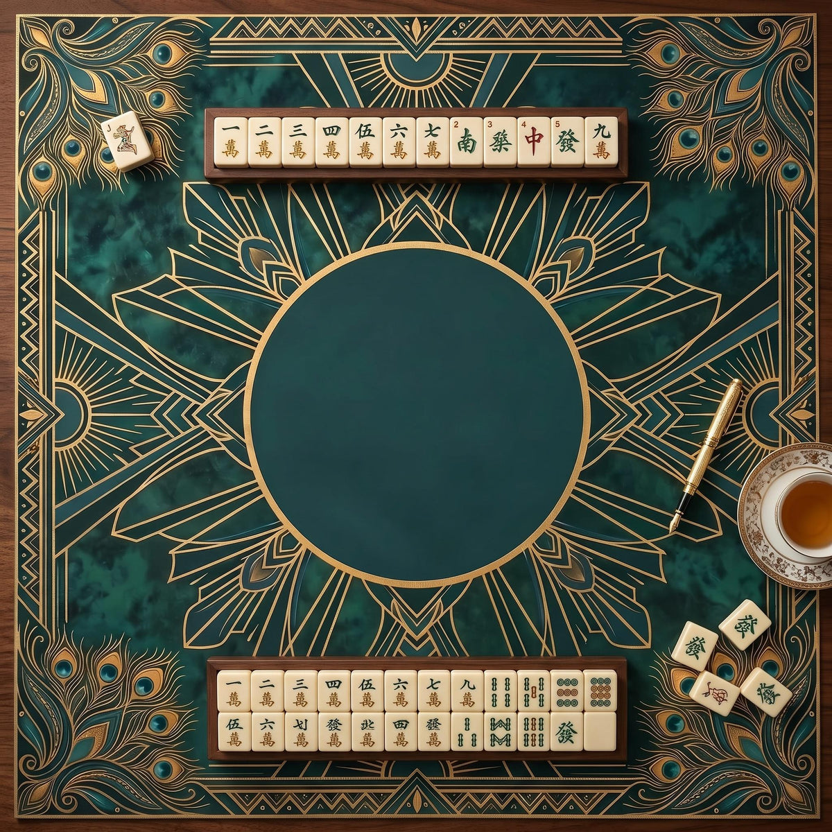 Emerald Green Mahjong Mat, Gold Art Deco Medallion Table Cover, Non Slip Roll Up Mahjong Gift, Christmas Gift for Mahjong Players