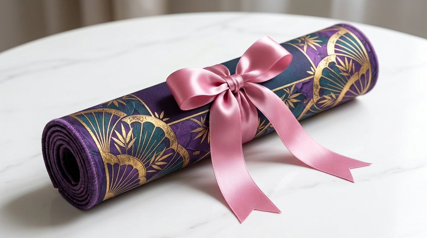 A purple and gold mahjong mat rolled with a pink satin bow